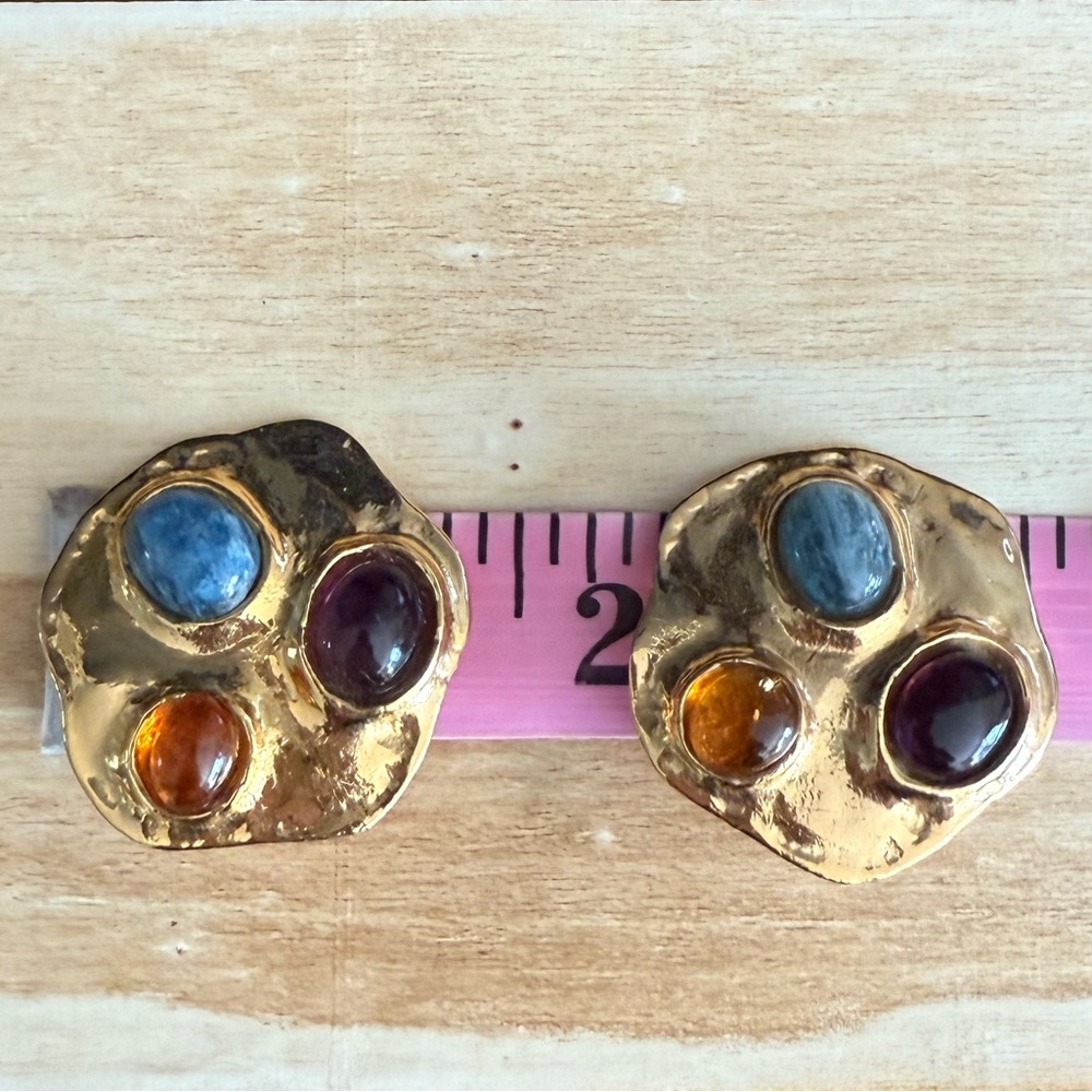 SOLD‼️Francesca Romana Vintage Signed Hammered Gold Clip-On Earrings Cabochon - Picture 12 of 14